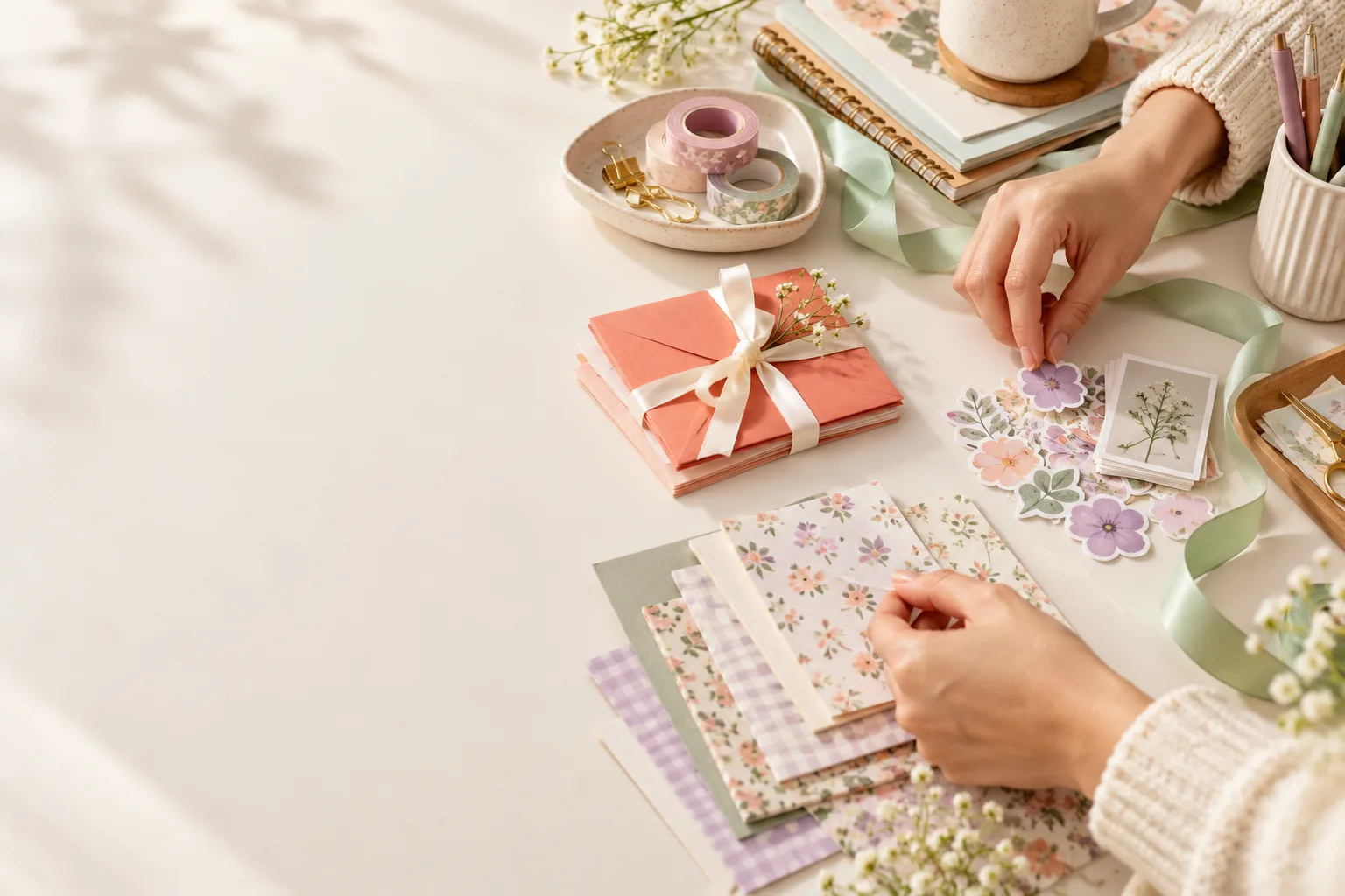 Papéis artesanais, adesivos florais e uma caneta lilás organizados sobre uma mesa