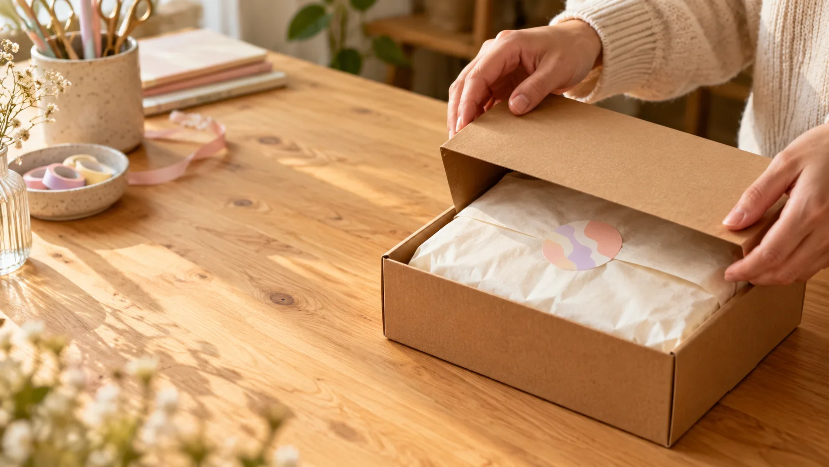 Mãos fechando uma caixa de papel kraft com papel de seda em uma mesa de madeira