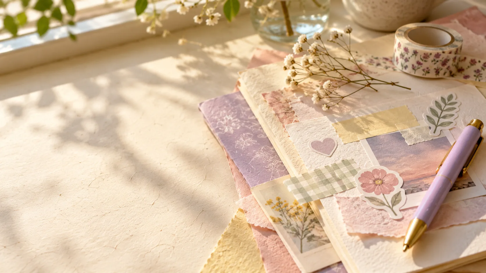 Mãos separando papéis, fita e materiais de papelaria em uma mesa clara