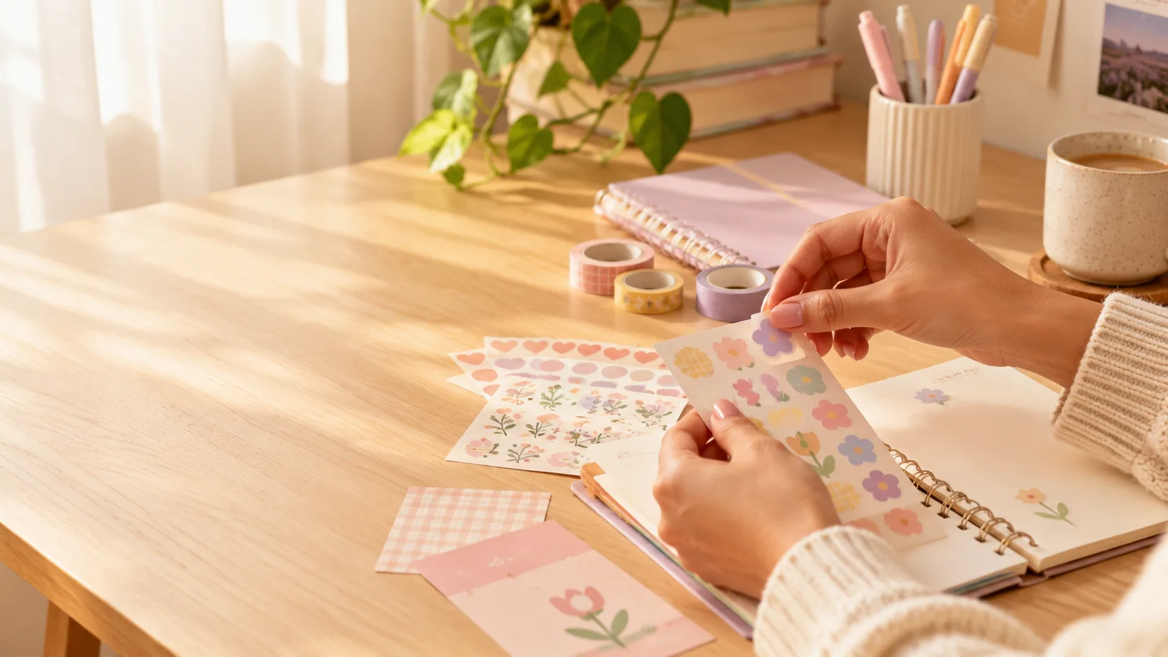 Mãos escolhendo adesivos florais sobre um caderno pastel em uma mesa iluminada